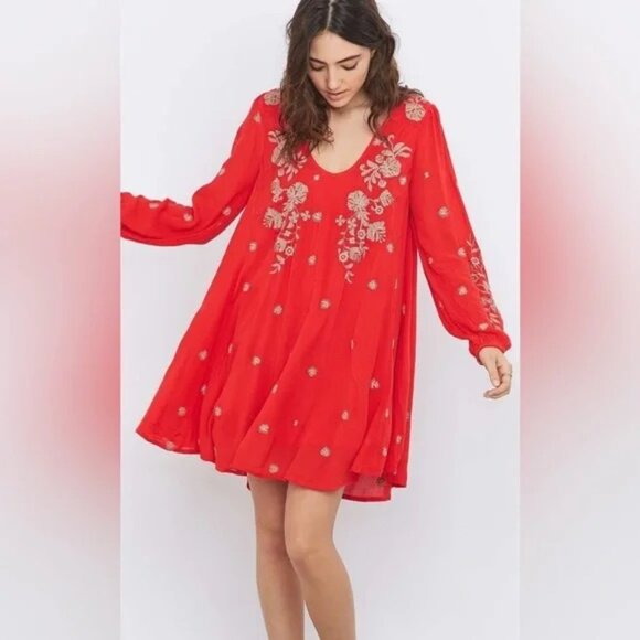 Free People Dresses & Skirts - Free People M Sweet Tennessee Floral Embroidered Mini Red Dress